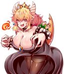  bare_shoulders bent_over black_dress blonde_hair blue_eyes bowsette bracelet breasts breathing_fire brooch cleavage collar collarbone commentary_request dress earrings eyebrows eyebrows_visible_through_hair fingernails fire foreshortening horns huge_breasts jewelry long_ponytail looking_at_viewer super_mario_bros. megato nail_polish new_super_mario_bros._u_deluxe nintendo open_clothes open_dress open_mouth outline pantyhose pointy_ears red_eyes sharp_fingernails sharp_teeth shiny shiny_clothes shiny_hair shiny_skin slit_pupils smile spiked_bracelet spiked_collar spiked_shell spiked_tail spikes strapless strapless_dress super_crown teeth thighband_pantyhose thighs white_nails wide_ponytail 