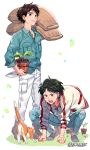  1boy 1girl all_fours artist_name ashitaka bag brown_eyes brown_hair cat collared_shirt contemporary denim gearous jacket jeans jewelry leaf mononoke_hime pants pendant plant potted_plant ripped_jeans san shirt smile 