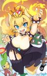  1girl ?_block absurdres black_dress black_legwear blonde_hair blooper blue_eyes bowsette bracelet breasts brooch cleavage collar commentary_request covered_navel dress earrings fingernails fire fire_flower fireball forked_eyebrows garter_straps goomba hair_between_eyes highres jewelry koopa_paratroopa large_breasts long_ponytail looking_at_viewer super_mario_bros. mushroom new_super_mario_bros._u_deluxe nintendo open_mouth pointy_ears rtari sharp_fingernails sharp_teeth sleeveless sleeveless_dress slit_pupils smile solo_focus spiked_armlet spiked_bracelet spiked_collar spiked_shell spiked_tail spikes strapless strapless_dress super_crown super_smash_bros. teeth thick_eyebrows thigh-highs turtle_shell v-shaped_eyebrows 