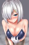  1girl bangs bare_shoulders black_legwear blue_eyes blush breasts cleavage closed_mouth collarbone eyebrows_visible_through_hair gloves grey_background hair_ornament hair_over_one_eye hairclip hamakaze_(kantai_collection) heart heart-shaped_pupils highres kantai_collection large_breasts leaning_forward looking_at_viewer pantyhose short_hair sidelocks silver_hair simple_background smile solo steam sweat symbol-shaped_pupils terakoya white_gloves 