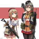  2girls :o :t assault_rifle bangs belt belt_pouch beret black_legwear blue_eyes braid breasts chinese_commentary chocolate chocolate_bar commentary_request cowboy_shot eating eyebrows_visible_through_hair fn_fnc fn_fnc_(girls_frontline) food food_on_face frilled_skirt frills garrison_cap girls_frontline green_eyes grey_hair gun hair_between_eyes hair_ornament hat highres holding holding_food jacket light_brown_hair long_hair long_sleeves looking_at_another looking_at_viewer medium_breasts multiple_girls ndtwofives original over_shoulder pantyhose pleated_skirt pouch red_skirt rifle sig_550 single_braid skirt standing swiss_flag trekking_pole two-tone_background weapon weapon_over_shoulder 