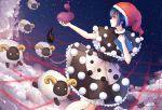  1girl absurdres blue_eyes blue_hair capelet clouds commentary_request doremy_sweet dream_soul dress fur_trim hat highres hoshiringo0902 nightcap parted_lips partial_commentary pom_pom_(clothes) profile red_hat sheep solo star_(sky) tail touhou 