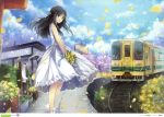  1girl :d absurdres black_eyes black_hair bouquet clouds copyright_request day dress flower ground_vehicle hagiwara_rin hair_ribbon half_updo highres huge_filesize long_hair open_mouth petals railroad_tracks ribbon scan shoes sky smile solo sundress train 