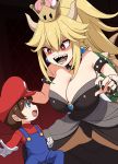  1boy 1girl bare_shoulders black_dress blonde_hair bowsette bracelet breasts cleavage collar dress earrings highres horns huge_breasts jewelry kloah mario super_mario_bros. new_super_mario_bros._u_deluxe nintendo red_eyes sharp_teeth smile spiked_armlet spiked_bracelet spiked_collar spiked_shell spikes spread_legs super_crown tail teeth thick_eyebrows thighs 