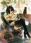  animal_ears bare_shoulders black_hair brown_eyes cat chair collarbone computer garuku hair_ornament hairclip highres indoors lamp laptop looking_at_viewer medium_hair original pen sitting solo tail thigh-highs window zettai_ryouiki 