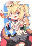  1girl :d bare_shoulders bib black_skirt blonde_hair blue_eyes blush bowsette_jr. cowboy_shot crown eyebrows_visible_through_hair fire genderswap genderswap_(mtf) highres horns kotoba_(1074421015) long_hair looking_at_viewer super_mario_bros. navel new_super_mario_bros._u_deluxe nintendo open_mouth pointy_ears ponytail sharp_teeth skirt smile solo sparkle spikes super_crown super_mario_bros. tail teeth thick_eyebrows turtle_shell uneven_eyes 