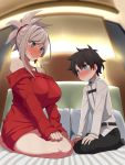  1boy 1girl absurdres age_difference asymmetrical_hair bangs barefoot bed belt black_hair black_pants blurry blurry_background blush bra_strap breasts chaldea_uniform closed_mouth dress eye_contact eyebrows_visible_through_hair fate/grand_order fate_(series) fisheye from_side fujimaru_ritsuka_(male) full-face_blush green_eyes grey_hair hands_on_own_knees highres indoors jacket kloah large_breasts long_sleeves looking_at_another miyamoto_musashi_(fate/grand_order) nervous off_shoulder on_bed pants pillow pink_hair ponytail red_sweater seiza sitting sitting_on_bed sleeves_past_wrists sweatdrop sweater sweater_dress white_jacket younger 