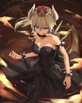  1girl bare_shoulders black_dress black_nails blonde_hair blue_pupils bowsette bracelet breasts breathing_fire brooch cleavage collar dress fire grin horns jakoujika jewelry large_breasts light_blue_eyes long_hair looking_at_viewer super_mario_bros. nail_polish new_super_mario_bros._u_deluxe nintendo ponytail sharp_nails smile solo spiked_bracelet spiked_collar spikes strapless strapless_dress 