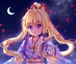  1girl bangs blonde_hair blush chess_piece closed_mouth commentary crescent_moon earrings english_commentary eyebrows_visible_through_hair hair_between_eyes hair_ribbon head_tilt japanese_clothes jewelry kaitou_jeanne kamikaze_kaitou_jeanne kimono kusakabe_maron long_hair long_sleeves moon natsumii_chan night night_sky obi outdoors petals red_ribbon ribbon sash sidelocks signature sky smile solo star_(sky) starry_sky upper_body very_long_hair violet_eyes white_kimono wide_sleeves 
