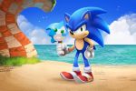  &gt;:( 1boy artist_request beach bird blue_sky clouds food frown grass green_eyes hand_on_hip holding ice_cream looking_at_viewer signature sky solo sonic sonic_the_hedgehog standing water 