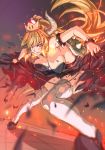  1girl armlet bare_shoulders blonde_hair blue_eyes blush bowsette bracelet breasts breathing_fire cleavage collar crown dress earrings erect_nipples fire frilled_legwear garter_straps high_heels highres horns jewelry kazeno large_breasts long_hair looking_at_viewer super_mario_bros. new_super_mario_bros._u_deluxe nintendo panties pantyshot personification sharp_teeth shell smirk spiked_armlet spiked_bracelet spiked_collar spiked_shell spikes super_crown teeth thigh-highs torn_clothes torn_dress torn_thighhighs underwear white_legwear white_panties 