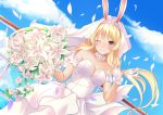  1girl animal_ears azur_lane benson_(azur_lane) blonde_hair bouquet breasts bride cleavage dress fake_animal_ears flower formal highres holding holding_bouquet jewelry long_hair one_eye_closed rabbit_ears ring smile solo trend_kill wedding_band wedding_dress wedding_ring 