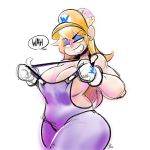  1girl blonde_hair breasts cleavage commentary crown fat genderswap gloves grin hat highres jon-bliss large_breasts long_hair super_mario_bros. new_super_mario_bros._u_deluxe nintendo overalls parted_lips signature simple_background sketch smile solo super_crown wario white_background wide_hips 