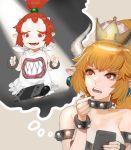 2girls bare_shoulders bib black_dress blonde_hair bowsette bowsette_jr. bracelet breasts cellphone cleavage collar dress earrings eyebrows_visible_through_hair fangs finger_to_mouth hair_between_eyes horns jewelry looking_up super_mario_bros. medium_breasts mother_and_daughter multiple_girls new_super_mario_bros._u_deluxe nintendo nintendo_switch open_mouth phone pointy_ears ponytail red_eyes redhead smartphone spiked_bracelet spiked_collar spikes strapless strapless_dress super_crown teeth tetuhei thinking upper_body worried 