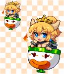  1girl black_dress blonde_hair blue_earrings blue_eyes blush bowsette bracelet breasts breathing_fire chibi cleavage collar commentary_request dress earrings eyebrows fangs fire hair_between_eyes happy horns jewelry koopa_clown_car looking_at_viewer lowres super_mario_bros. new_super_mario_bros._u_deluxe nintendo open_mouth patterned_background pixel_art pointy_ears ponytail shiny shiny_hair shirosu sidelocks smile solo spiked_bracelet spiked_collar spiked_shell spikes super_crown thick_eyebrows 