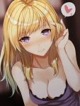  1girl adjusting_hair bangs bare_arms bare_shoulders blonde_hair blurry blurry_background blush breasts cleavage closed_mouth collarbone downblouse dress eyebrows_visible_through_hair fumei_(mugendai) hand_up heart leaning_forward long_hair looking_at_viewer maribel_hearn medium_breasts nose_blush purple_dress shiny shiny_hair sleeveless sleeveless_dress smile solo speech_bubble spoken_heart swept_bangs touhou upper_body violet_eyes 