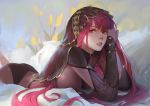  1girl absurdres ass bangs bodysuit breasts circlet commentary fate/grand_order fate_(series) feet_out_of_frame hair_between_eyes hands_up highres large_breasts long_hair looking_at_viewer lying on_stomach open_mouth purple_bodysuit purple_hair qmo_(chalsoma) red_eyes red_lips ruby_(stone) scathach_(fate)_(all) scathach_(fate/grand_order) see-through sidelocks smile solo translucent veil very_long_hair 
