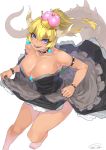 1girl bare_legs bare_shoulders barefoot black_dress blonde_hair blue_eyes bowsette bracelet breasts brooch cleavage collar commentary_request crown dress earrings eyebrows_visible_through_hair hair_between_eyes happa_(cloverppd) highres horns jewelry lace lace-trimmed_dress large_breasts lifted_by_self long_ponytail looking_at_viewer new_super_mario_bros._u_deluxe nintendo open_mouth petticoat sharp_teeth short_hair simple_background skirt skirt_lift sleeveless sleeveless_dress smile solo sparkle spiked_armlet spiked_bracelet spiked_collar spiked_shell spiked_tail spikes strapless strapless_dress super_crown super_mario_bros. tail teeth thick_eyebrows tilted_headwear turtle_shell white_background