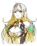  1girl akke armor bangs blonde_hair blush breasts cleavage cleavage_cutout earrings gem gloves headpiece mythra_(xenoblade) jewelry large_breasts long_hair looking_at_viewer nintendo solo swept_bangs tiara xenoblade_(series) xenoblade_2 yellow_eyes 