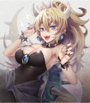  1girl bare_shoulders black_dress blonde_hair blue_eyes bowsette bracelet breasts brooch collar commentary_request crown dress earrings hair_between_eyes horns jewelry large_breasts long_ponytail looking_at_viewer super_mario_bros. mini_crown nail_polish new_super_mario_bros._u_deluxe nintendo open_mouth pointy_ears sharp_teeth sleeveless sleeveless_dress slit_pupils smile solo sparkle spiked_armlet spiked_bracelet spiked_collar spiked_shell spiked_tail spikes strapless strapless_dress super_crown teeth tilted_headwear tongue tongue_out turtle_shell upper_body wavy_hair wide_ponytail yunohito 