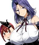  1boy 1girl bare_shoulders black_gloves breasts brown_eyes brown_hair gloves hair_intakes highres huge_breasts kantai_collection kloah little_boy_admiral_(kantai_collection) long_hair mole mole_under_eye purple_hair short_hair simple_background tatsuta_(kantai_collection) violet_eyes white_background 