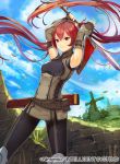  1girl arms_up blue_sky commentary_request company_name copyright_name day fire_emblem fire_emblem:_kakusei fire_emblem_cipher holding holding_sword holding_weapon kurosawa_tetsu looking_at_viewer nintendo outdoors red_eyes redhead sheath sky smile solo sword twintails weapon 