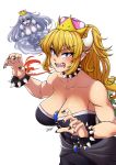  2girls absurdres armlet black_eyes black_nails blonde_hair blue_eyes bowsette bracelet breasts chanakim cleavage collar commentary_request crown dress eyebrows_visible_through_hair gloves highres horns jewelry large_breasts long_hair looking_at_viewer luigi&#039;s_mansion super_mario_bros. multiple_girls nail_polish new_super_mario_bros._u_deluxe nintendo pale_skin pointy_ears ponytail princess_king_boo puffy_short_sleeves puffy_sleeves sharp_teeth short_sleeves signature simple_background spiked_armlet spiked_bracelet spiked_collar spikes super_crown teeth tongue tongue_out white_background white_dress white_gloves 