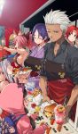  1boy 5girls :o animal_ears apron archer backpack bag baseball_cap blue_eyes blush boudica_(fate/grand_order) bow breasts brown_bow brown_eyes brown_hair chaldea_kitchen_truck character_pin closed_eyes collarbone commentary craft_essence cup drinking_straw earrings eating fate/grand_order fate_(series) food food_truck fox_ears french_fries glasses ground_vehicle hair_bobbles hair_bow hair_ornament hamburger hat hood hoodie hot_dog hot_dog_bun imigimuru japanese_clothes jewelry kimono large_breasts minamoto_no_raikou_(fate/grand_order) miyamoto_musashi_(fate/grand_order) motor_vehicle multiple_girls official_art one_eye_closed osakabe-hime_(fate/grand_order) ponytail purple_hair redhead sideboob sidelocks slushie tamamo_(fate)_(all) tamamo_cat_(fate) truck white_hair younger 
