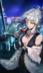 1girl alcohol black_dress black_gloves black_nails bottle bracelet braid breasts bridal_gauntlets building cleavage collarbone craft_essence cup dress drinking_glass elbow_gloves fate/grand_order fate_(series) french_braid fur_coat gloves grey_hair hair_tubes hair_up holding holding_cup jewelry long_dress medium_breasts nail_polish necklace night night_sky official_art penthesilea_(fate/grand_order) pokimari shining_skyscrapers short_hair sidelocks sky skyline skyscraper solo tooth_necklace window wine wine_glass yellow_eyes