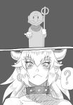  1girl ? blush bowsette collar comic eyebrows_visible_through_hair fang greyscale highres horns jizou kouson_q mario super_mario_bros. monochrome new_super_mario_bros._u_deluxe nintendo ponytail pout silent_comic slit_pupils spiked_collar spikes spoken_question_mark statue thick_eyebrows 