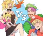  2boys 2girls ahoge artoria_pendragon_(all) black_dress blonde_hair bowsette bowsette_(cosplay) bracelet collar commentary_request cosplay crown dress fate/grand_order fate_(series) gawain_(fate/grand_order) hair_ribbon highres horns jewelry lancelot_(fate/grand_order) luigi luigi_(cosplay) mario mario_(cosplay) super_mario_bros. matimatio mordred_(fate) mordred_(fate)_(all) multiple_boys multiple_girls mushroom new_super_mario_bros._u_deluxe nintendo pink_dress ponytail princess_peach princess_peach_(cosplay) purple_hair ribbon saber saber_lily sharp_teeth spiked_bracelet spiked_collar spikes super_mario_bros. teeth violet_eyes 
