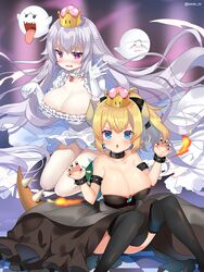  2girls black_dress black_legwear blonde_hair blush boo bowsette bracelet breasts bright_pupils checkered checkered_floor chestnut_mouth claw_pose cleavage collar commentary_request covered_navel crown dress earrings genderswap genderswap_(mtf) gloves horns huge_breasts jewelry kurot long_hair super_mario_bros. multiple_girls nail_polish new_super_mario_bros._u_deluxe nintendo open_mouth outstretched_hand pink_eyes ponytail princess_king_boo spiked_armlet spiked_bracelet spiked_collar spikes super_crown thigh-highs tongue tongue_out very_long_hair wavy_mouth white_dress white_gloves 