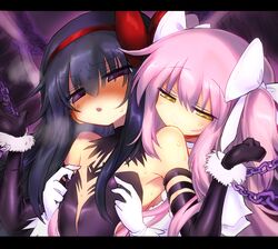  2girls akemi_homura akuma_homura bare_shoulders black_dress black_gloves black_hair blush bow choker dress elbow_gloves erect_nipples feathered_wings frilled_dress frills gloves goddess_madoka grabbing grabbing_from_behind hair_bow hair_ribbon hairband kaname_madoka kyuusui_gakari long_hair mahou_shoujo_madoka_magica mahou_shoujo_madoka_magica_movie multiple_girls nipple_tweak pink_hair red_hairband ribbon two_side_up violet_eyes white_dress white_gloves wings yellow_eyes yuri 