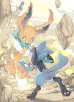  bandanna blue_eyes clothed_pokemon commentary_request creatures_(company) crying dot_nose eevee game_freak gen_1_pokemon gen_4_pokemon hideko_(l33l3b) highres looking_at_another nintendo open_mouth pokemon pokemon_(creature) riolu rock standing tears 