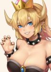  1girl :d bare_shoulders black_nails blue_eyes blush bowser bowsette bracelet breasts cleavage collar collarbone crown earrings genderswap genderswap_(mtf) highres horns jewelry large_breasts looking_at_viewer super_mario_bros. nail_polish natsuyu new_super_mario_bros._u_deluxe nintendo open_mouth pointy_ears sharp_teeth shoulder_spikes sleeveless smile solo spiked_bracelet spiked_collar spikes strapless super_mario_bros. teeth thick_eyebrows upper_body 
