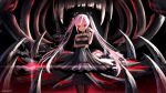  1girl arm_under_breasts bangs bare_arms bare_shoulders black_dress black_ribbon breast_hold breasts closed_mouth collarbone commentary_request dress eyebrows_visible_through_hair fangs hair_ribbon hand_up highres kurotobi_rarumu long_hair looking_at_viewer medium_breasts original pink_hair red_eyes ribbon sidelocks solo standing strapless strapless_dress twintails very_long_hair 