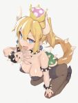  1girl :p arched_back blonde_hair blue_eyes bowsette bracelet breasts brown_legwear cleavage collar crown earrings fangs from_above full_body grey_background hair_between_eyes hand_on_own_knee high_heels horns jewelry kneeling kylin large_breasts leaning_forward leotard super_mario_bros. medium_hair nail_polish new_super_mario_bros._u_deluxe nintendo pantyhose ponytail shell sidelocks simple_background solo spiked_armlet spiked_bracelet spiked_collar spikes super_crown tail tongue tongue_out v 