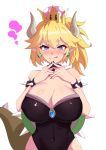  1girl :q armlet bangs black_leotard black_nails blonde_hair blue_eyes blush bowsette bracelet breasts cleavage closed_mouth collar commentary_request covered_navel crown earrings eyebrows_visible_through_hair fang_out fidgeting fingernails gem hands_on_own_chest hands_up heart heart-shaped_pupils horns jewelry large_breasts leotard long_fingernails super_mario_bros. nail_polish naughty_face new_super_mario_bros._u_deluxe nintendo nose_blush pointy_ears ponytail simple_background solo spiked_armlet spiked_bracelet spiked_collar spikes strapless strapless_leotard super_crown symbol-shaped_pupils tail thick_eyebrows tongue tongue_out tucao_xiansen turtle_shell upper_body white_background 