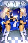  1boy 2girls arm_up artist_request ass body_writing breasts checkered earrings gloves green_eyes hand_in_hair hand_on_hip jewelry logo long_hair looking_at_viewer looking_up medium_breasts midriff multiple_girls pavement racecar racequeen sega signature silver_hair sonic sonic_the_hedgehog source_request sunglasses team_sonic_racing thigh-highs 