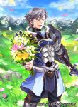  1boy arm_guards armor azur_(fire_emblem) belt black_pants blue_armor blue_coat blue_footwear boots bouquet clouds coat collarbone copyright_name day determined earrings fire_emblem fire_emblem:_kakusei fire_emblem_cipher flower grass grey_eyes grey_hair holding holding_sword holding_weapon jewelry knee_boots knee_pads lips looking_at_viewer male_focus mountain nintendo official_art open_mouth pants petals sheath shirt smile solo standing stud_earrings sunlight sword undershirt vambraces wada_sachiko weapon white_shirt 