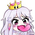  1girl :d blush blush_stickers boo commentary crown earrings eyelashes fangs fream gyate_gyate jewelry super_mario_bros. meme new_super_mario_bros._u_deluxe nintendo open_mouth pink_eyes princess_king_boo simple_background smile solo super_crown tongue tongue_out transparent_background watermark white_hair 