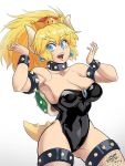  1girl armlet bare_shoulders black_leotard blonde_hair blue_eyes bowsette breasts collar crown earrings fishnets horns jewelry large_breasts leotard super_mario_bros. new_super_mario_bros._u_deluxe nintendo pablo_moya pointy_ears ponytail sharp_teeth spiked_collar spiked_shell spiked_tail spikes strapless strapless_leotard super_crown tail teeth 