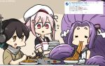  +++ 4girls :d absurdly_long_hair aircraft airplane apron black_serafuku bow brown_eyes brown_hair chopsticks commentary_request dated drill_hair eating fate_(series) food gae_bolg gloves hair_between_eyes hair_bow hamu_koutarou harukaze_(kantai_collection) harusame_(kantai_collection) hat hatsuharu_(kantai_collection) headphones highres holding holding_chopsticks japanese_clothes kantai_collection kasuga_maru_(kantai_collection) kimono long_hair meiji_schoolgirl_uniform multiple_girls noto_mamiko open_mouth pink_hair pink_kimono prehensile_hair purple_hair red_bow red_eyes remodel_(kantai_collection) sailor_hat school_uniform seiyuu_connection serafuku short_hair short_sleeves sleeveless smile taiyou_(kantai_collection) translation_request twin_drills very_long_hair white_apron white_gloves white_hat 