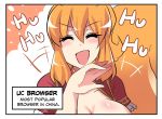  4koma bangs blush breasts chinese_clothes cleavage cleavage_cutout closed_eyes collarbone comic english eyebrows_visible_through_hair hair_between_eyes hand_on_own_chin highres hinghoi large_breasts laughing long_hair open_mouth os-tan ponytail smile squirrel_tail tail uc_browser upper_body 