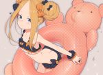  1girl abigail_williams_(fate/grand_order) arched_back bangs bare_shoulders bikini black_bikini black_bow blonde_hair blue_eyes blush bow butt_crack closed_mouth collarbone commentary cowboy_shot doremi double_bun emerald_float fate/grand_order fate_(series) flat_chest forehead frilled_bikini frills grey_background hair_bow heart holding holding_innertube innertube leaning_forward legs_together long_hair looking_at_viewer orange_bow parted_bangs polka_dot polka_dot_innertube ribs scrunchie side_bun sidelocks simple_background smile solo sparkle standing swimsuit unmoving_pattern wrist_scrunchie 