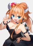  1girl :d armlet bangs bare_arms bare_shoulders black_collar black_dress blonde_hair blue_eyes bowsette bracelet breasts brooch claw_pose cleavage collar collarbone commentary_request crown dress earrings eyebrows_visible_through_hair fang grey_background hair_between_eyes hand_on_hip hand_up hide448 highres horns jewelry large_breasts long_hair looking_at_viewer super_mario_bros. mini_crown new_super_mario_bros._u_deluxe nintendo open_mouth ponytail shiny shiny_skin simple_background smile solo spiked_armlet spiked_bracelet spiked_collar spiked_shell spikes strapless strapless_dress super_crown super_mario_bros. thick_eyebrows upper_body v-shaped_eyebrows 