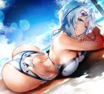  1girl alternate_costume antenna_hair ass back bangs bare_shoulders beach bikini blue_eyes blue_sky blush breasts butt_crack clouds crossed_arms curvy day dennou_shoujo_youtuber_shiro eyebrows_visible_through_hair hair_between_eyes hair_ornament highres hips huge_ass large_breasts light_smile looking_at_viewer lying nishiide_kengorou ocean on_stomach outdoors sand sea shiro_(dennou_shoujo_youtuber_shiro) short_hair sidelocks silver_hair sky smile solo sunlight swimsuit virtual_youtuber wide_hips 
