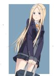  1girl abigail_williams_(fate/grand_order) absurdres alternate_costume bag bangs black_skirt blazer blonde_hair blue_background blue_eyes blue_jacket bow bowtie closed_mouth collared_shirt commentary_request eyebrows_visible_through_hair eyes_visible_through_hair fate/grand_order fate_(series) forehead grey_sweater highres holding holding_bag jacket k-ya. long_hair long_sleeves miniskirt open_blazer open_clothes open_jacket orange_neckwear parted_bangs pleated_skirt school_bag school_uniform shirt skirt sleeves_past_wrists solo sweater two-tone_background v_arms very_long_hair white_background white_shirt 