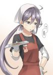  1girl ahoge akebono_(kantai_collection) apron bandanna bangs black_shirt black_skirt blue_skirt blush breasts chopsticks collarbone cowboy_shot fan fish flower gloves gradient gradient_background hair_between_eyes hair_flower hair_ornament hairclip hand_on_hip highres holding holding_chopsticks holding_plate kantai_collection long_hair looking_away low_ponytail negahami offering open_mouth plate pleated_skirt purple_hair saury shirt side_ponytail sidelocks simple_background skirt sleeves_folded_up small_breasts solo sweatdrop translation_request undershirt very_long_hair violet_eyes white_gloves 