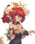  1girl :d black_dress black_nails blue_eyes bowsette bracelet breasts cleavage collar commentary covered_navel crown dress earrings english_commentary fingernails grin hands_up highres horns jewelry large_breasts lizard_tail super_mario_bros. nail_polish new_super_mario_bros._u_deluxe nintendo open_mouth pointy_ears ponytail redhead sharp_teeth simple_background smile solo spiked_bracelet spiked_collar spikes super_crown tail teeth vins-mousseux white_background 